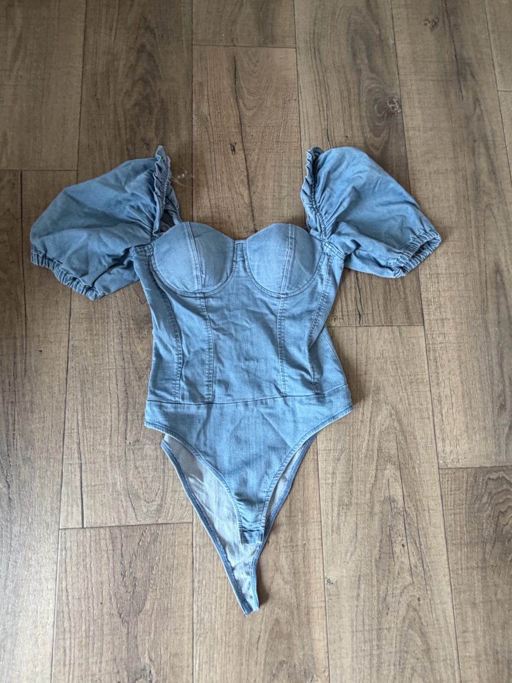 Light Wash Denim One-Piece with Puff Sleeves
